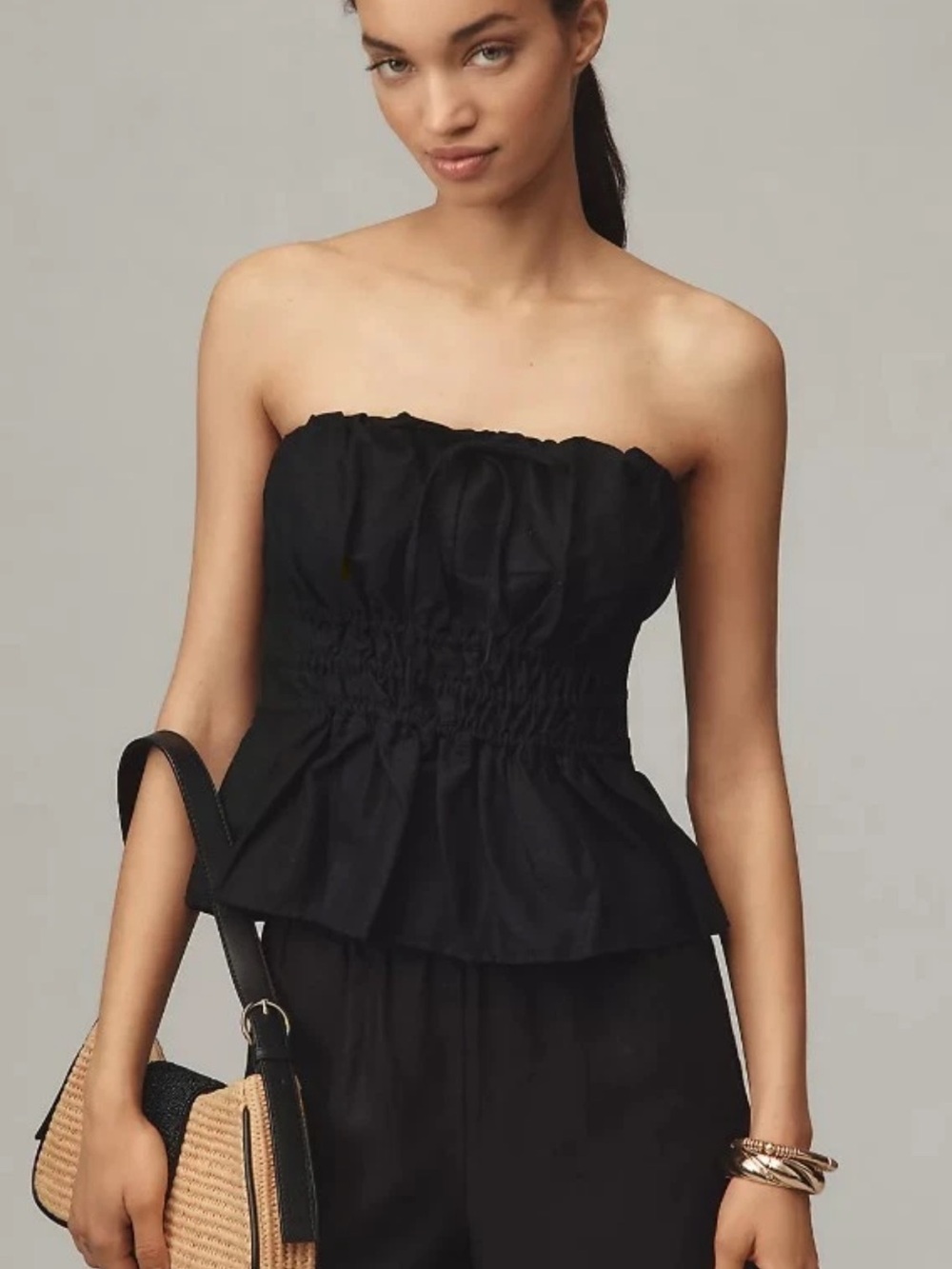 Anthropologie Somerset Linen Strapless Smocked Peplum Blouse | Black | Medium
